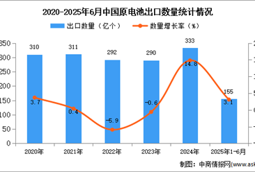 2025年1-6月中国原电池出口数据统计分析：出口量同比增长3.1%