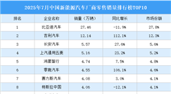 2025年7月中國(guó)新能源汽車廠商零售銷量排行榜TOP10（附榜單）