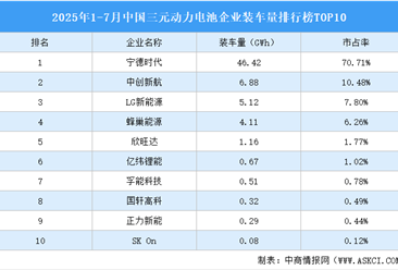 2025年1-7月中国三元动力电池企业装车量排行榜TOP10（附榜单）