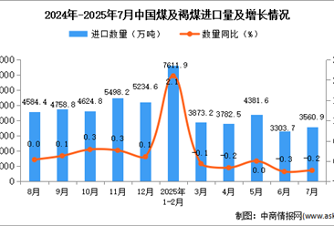 2025年7月中国煤及褐煤进口数据统计分析：进口量3560.9万吨
