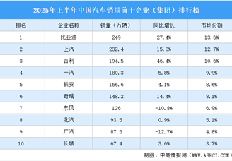 2025年上半年中國汽車銷量前十企業(yè)（集團(tuán)）排行榜（附榜單）