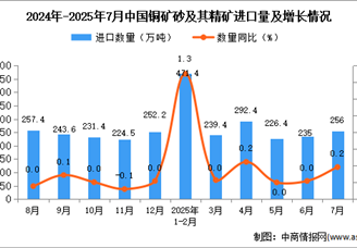 2025年7月中国铜矿砂及其精矿进口数据统计分析：进口量256万吨