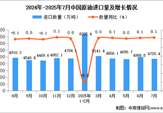 2025年7月中国原油进口数据统计分析：进口量4720.4万吨