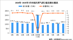2025年7月中國天然氣進口數(shù)據(jù)統(tǒng)計分析：進口量1063.2萬噸