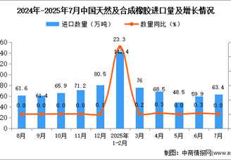 2025年7月中国天然及合成橡胶进口数据统计分析：进口量63.4万吨
