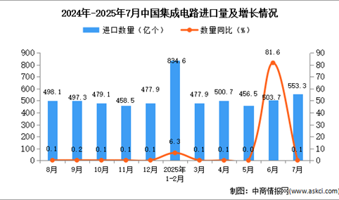2025年7月中国集成电路进口数据统计分析：进口量553.3亿个