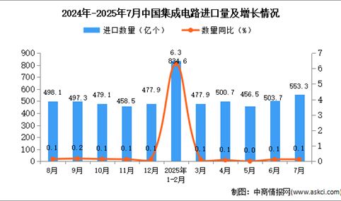 2025年7月中国集成电路进口数据统计分析：进口量553.3亿个