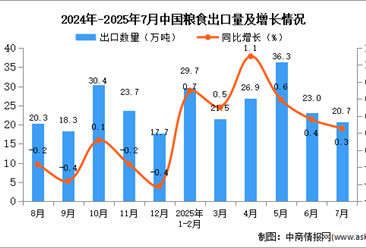 2025年7月中国粮食出口数据统计分析：出口量同比增长0.3%