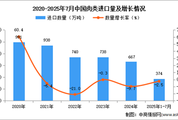 2025年1-7月中国肉类进口数据统计分析：进口量374万吨