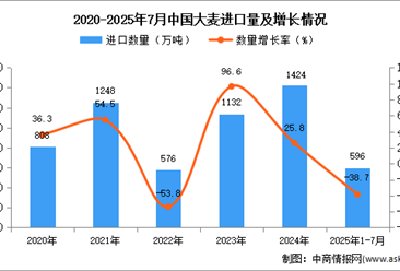 2025年1-7月中国大麦进口数据统计分析：进口量同比下降38.7%