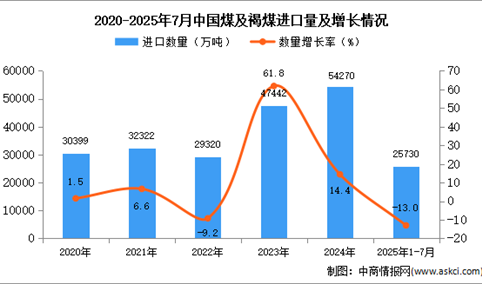 2025年1-7月中国煤及褐煤进口数据统计分析：进口量25730万吨