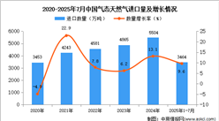 2025年1-7月中國氣態(tài)天然氣進口數(shù)據(jù)統(tǒng)計分析：進口量同比增長9.6%