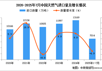 2025年1-7月中國天然氣進口數(shù)據(jù)統(tǒng)計分析：進口量同比下降6.9%