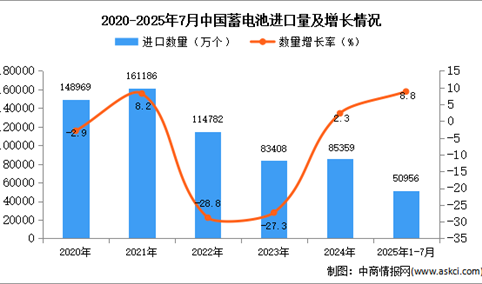 2025年1-7月中国蓄电池进口数据统计分析：进口量50956万个