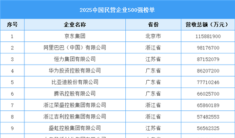 2025中国民营企业500强榜单（附名单）