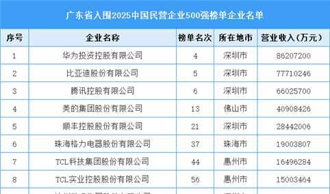 广东省入围“2025中国民营企业500强榜单”企业名单（51家）