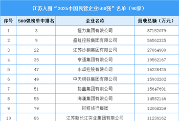 江苏入围“2025中国民营企业500强”名单（90家）
