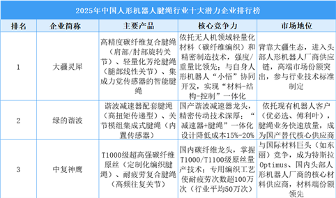 2025年中国人形机器人腱绳行业十大潜力企业排行榜（附榜单）