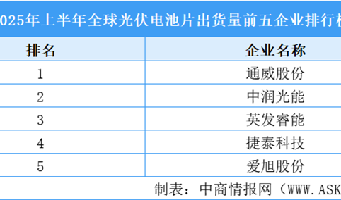 2025年上半年全球光伏电池片出货量前五企业排行榜（附榜单）