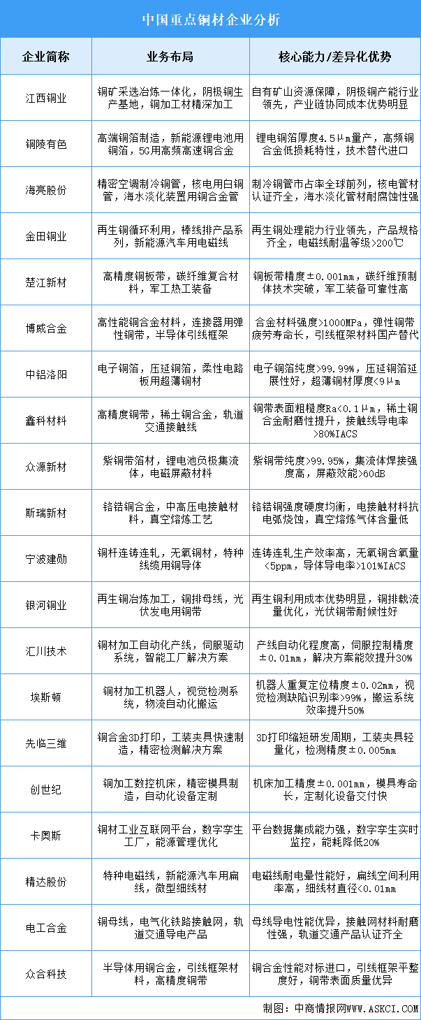 2025年中國銅材重點(diǎn)企業(yè)業(yè)務(wù)布局分析（圖）