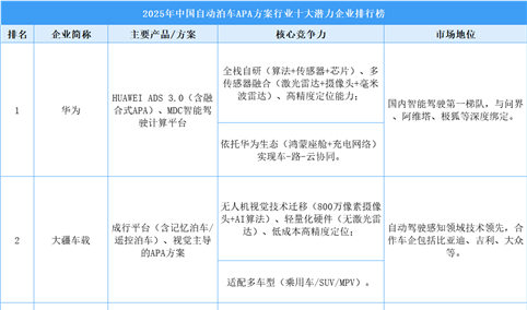 2025年中国自动泊车APA方案行业十大潜力企业排行榜（附榜单）