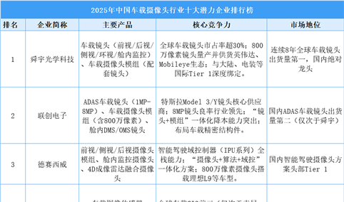 2025年中国车载摄像头行业十大潜力企业排行榜（附榜单）