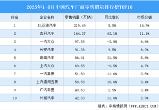 2025年1-8月中國(guó)汽車廠商零售銷量排行榜TOP10（附榜單）