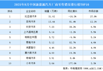 2025年8月中國新能源汽車廠商零售銷量排行榜TOP10（附榜單）