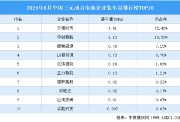 2025年8月中国三元动力电池企业装车量排行榜TOP10（附榜单）