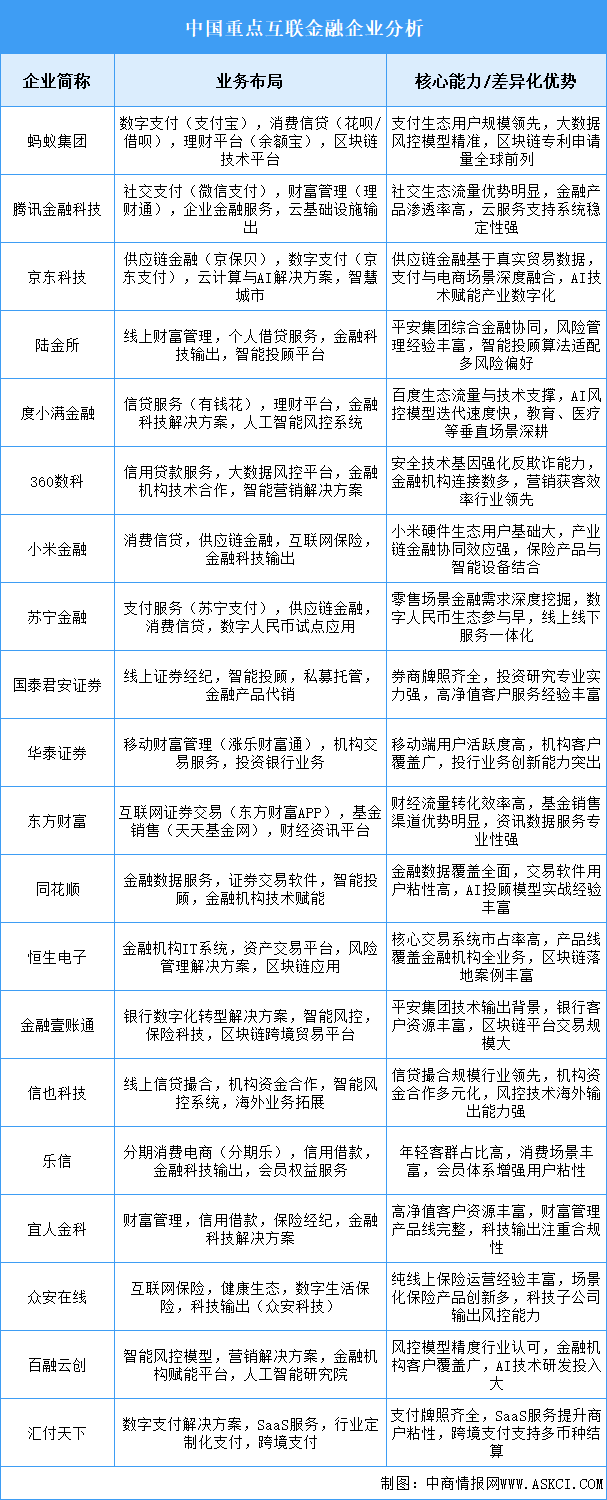 2025年中國互聯(lián)金融重點企業(yè)業(yè)務布局分析（圖）