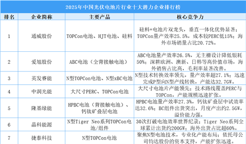 2025年中国光伏电池片行业十大潜力企业排行榜（附榜单）