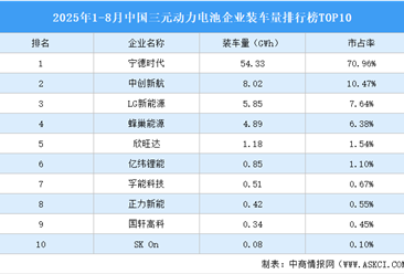 2025年1-8月中国三元动力电池企业装车量排行榜TOP10（附榜单）