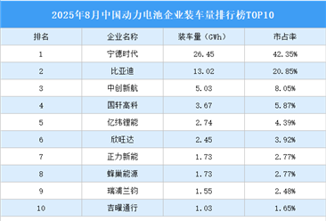 2025年8月中国动力电池企业装车量排行榜TOP10（附榜单）