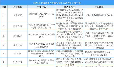 2025年中国高速连接器行业十大潜力企业排行榜（附榜单）