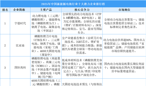 2025年中国新能源电池行业十大潜力企业排行榜（附榜单）