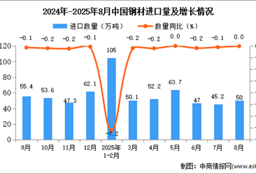 2025年8月中国钢材进口数据统计分析：进口量50万吨