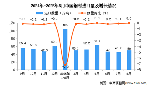 2025年8月中国钢材进口数据统计分析：进口量50万吨