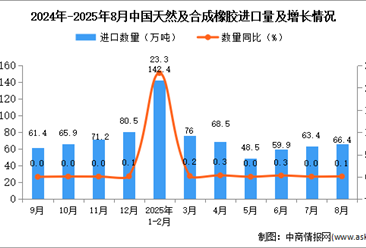 2025年8月中国天然及合成橡胶进口数据统计分析：进口量66.4万吨