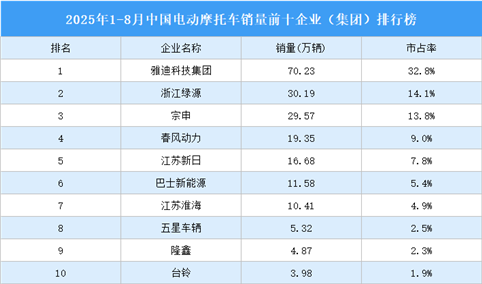 2025年1-8月中国电动摩托车销量前十企业（集团）排行榜（附榜单）