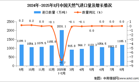 2025年8月中国天然气进口数据统计分析：进口量1185.1万吨