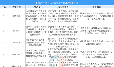 2025年中国灵巧手行业十大潜力企业排行榜（附榜单）