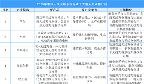2025年中国无线充电系统行业十大潜力企业排行榜（附榜单）