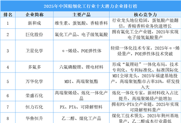 2025年中國精細(xì)化工行業(yè)十大潛力企業(yè)排行榜（附榜單）