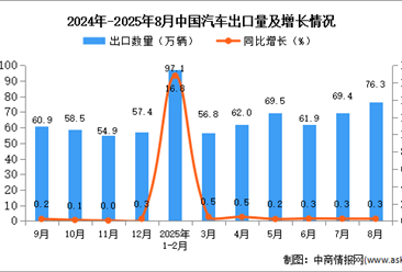 2025年8月中国汽车出口数据统计分析：出口量同比增长0.3%
