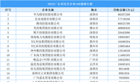 2025广东省民营企业100强排行榜（附完整榜单）