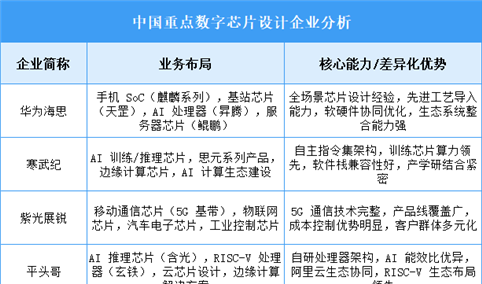 2025年中国数字芯片设计重点企业业务布局分析（图）