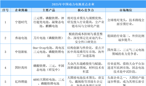 2025年中国动力电池重点企业分析（图）