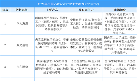 2025年中国芯片设计行业十大潜力企业排行榜（附榜单）