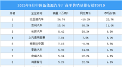 2025年9月中國新能源汽車廠商零售銷量排行榜TOP10（附榜單）