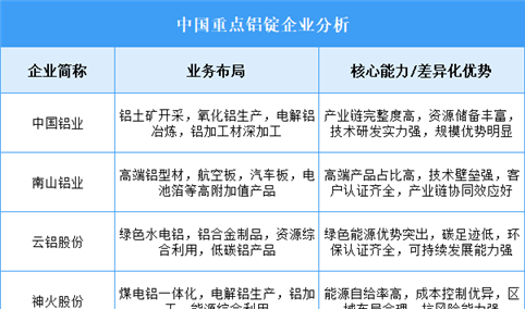 2025年中国铝锭重点企业业务布局分析（图）